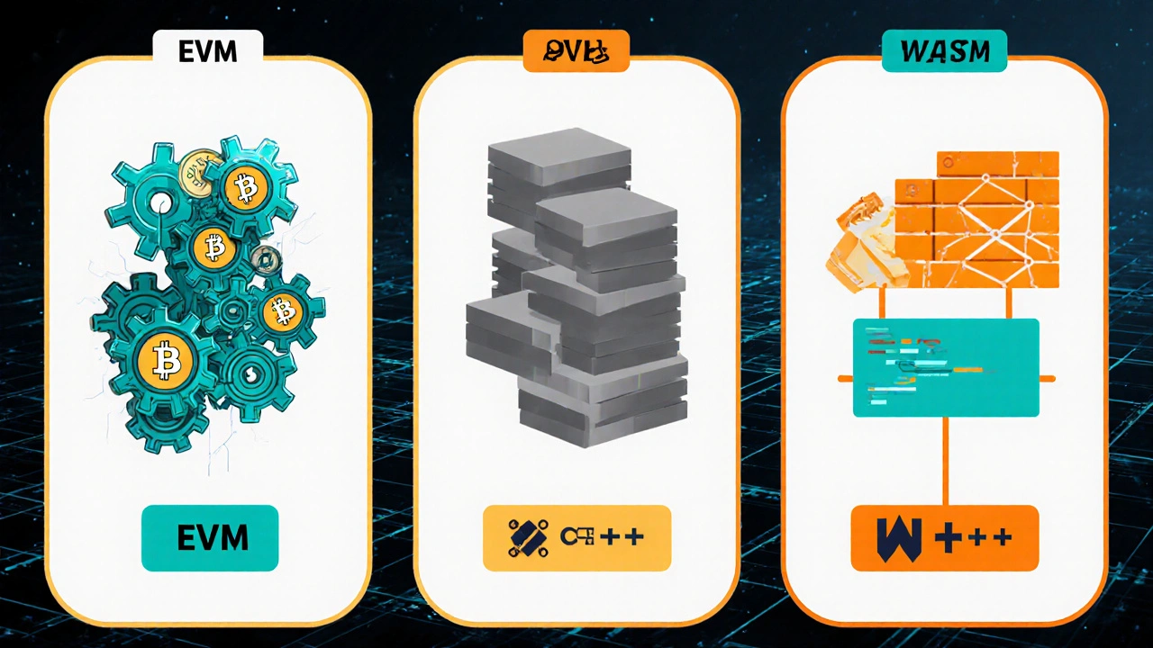 Drei Panels zeigen EVM, Bitcoin‑Script‑VM und WASM als unterschiedliche Maschinen.