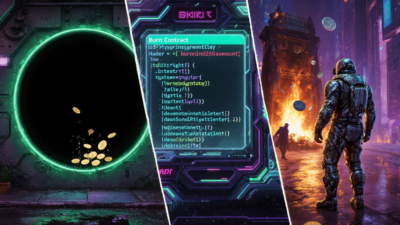 Drei Szenen zeigen Burn‑Adresse, Smart‑Contract‑Burn und Proof‑of‑Burn in futuristischer Stadt.