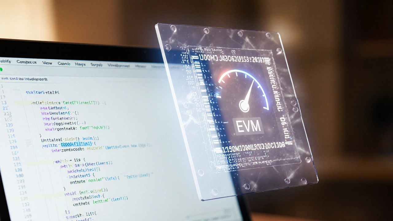 Entwicklerarbeitsplatz mit Solidity‑Code, Bytecode‑Overlay und holographischer EVM‑Ausführung.