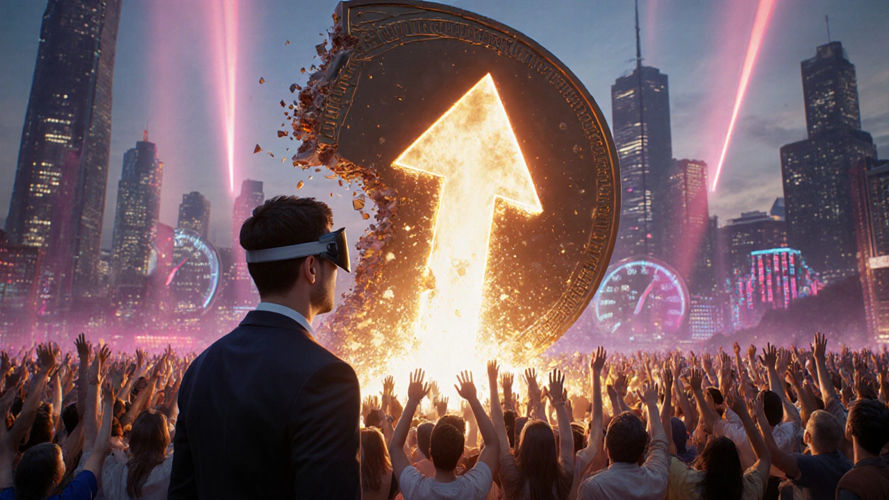 Sinkende Token‑Menge, steigender Preis und begeisterte Community im Neon‑Licht.