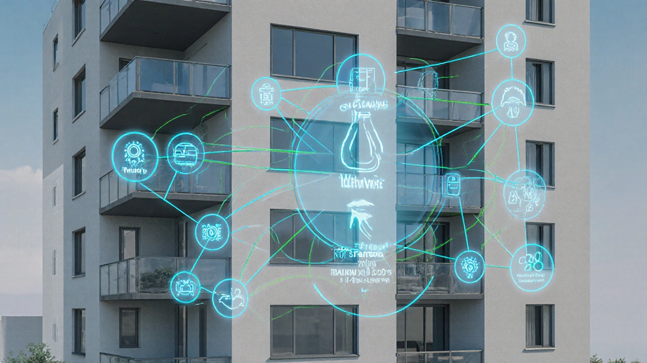 Digitaler Overlay zeigt Regeln für E-Ladestationen und Urban-Farming auf einem Mehrfamilienhaus, mit interaktiven Nutzer-Icons.