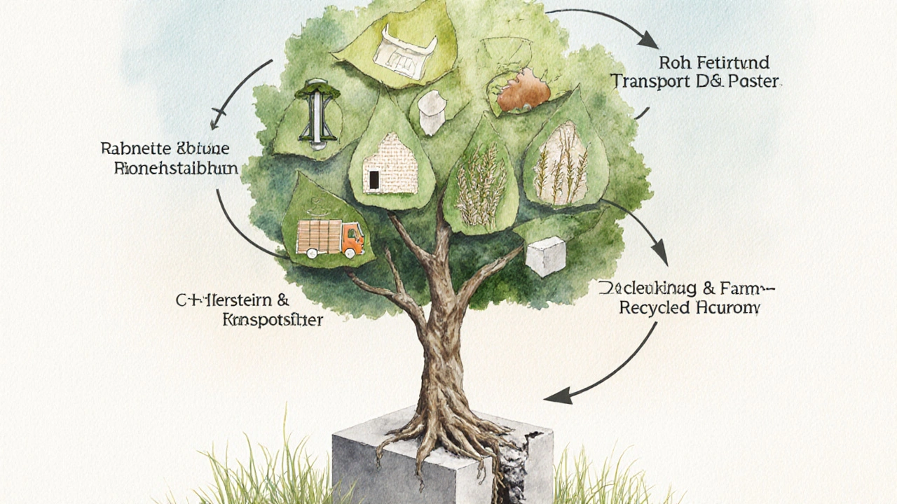 Ein Baum mit Lebenszyklus-Labels aus nachhaltigen Baustoffen wächst aus einem Zementblock hervor.