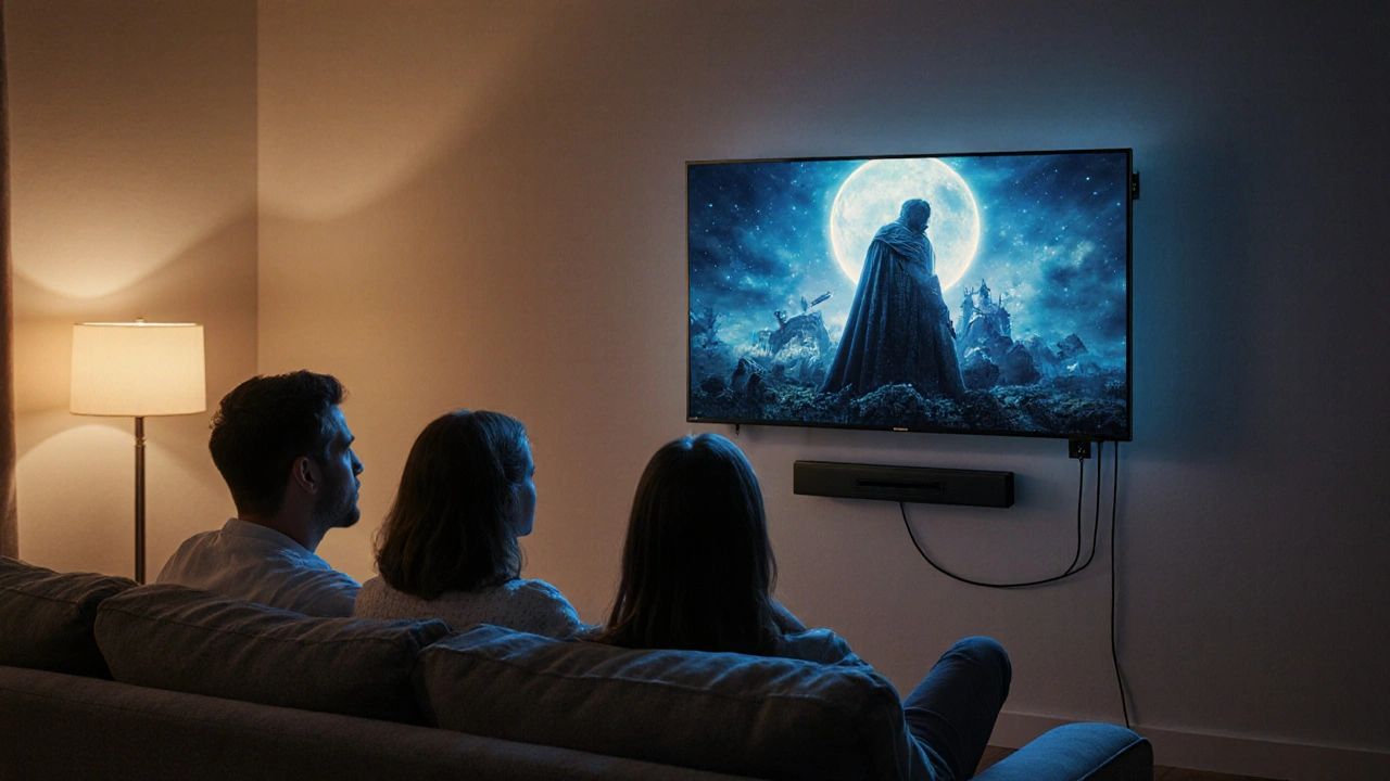 Familie sitzt entspannt vor korrekt angebrachtem Fernseher im Wohnzimmer.