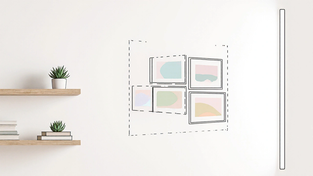 Gruppierte kleine Bilderrahmen, schwebendes Regal mit Büchern und Pflanze im ausgewogenen Wandarrangement.