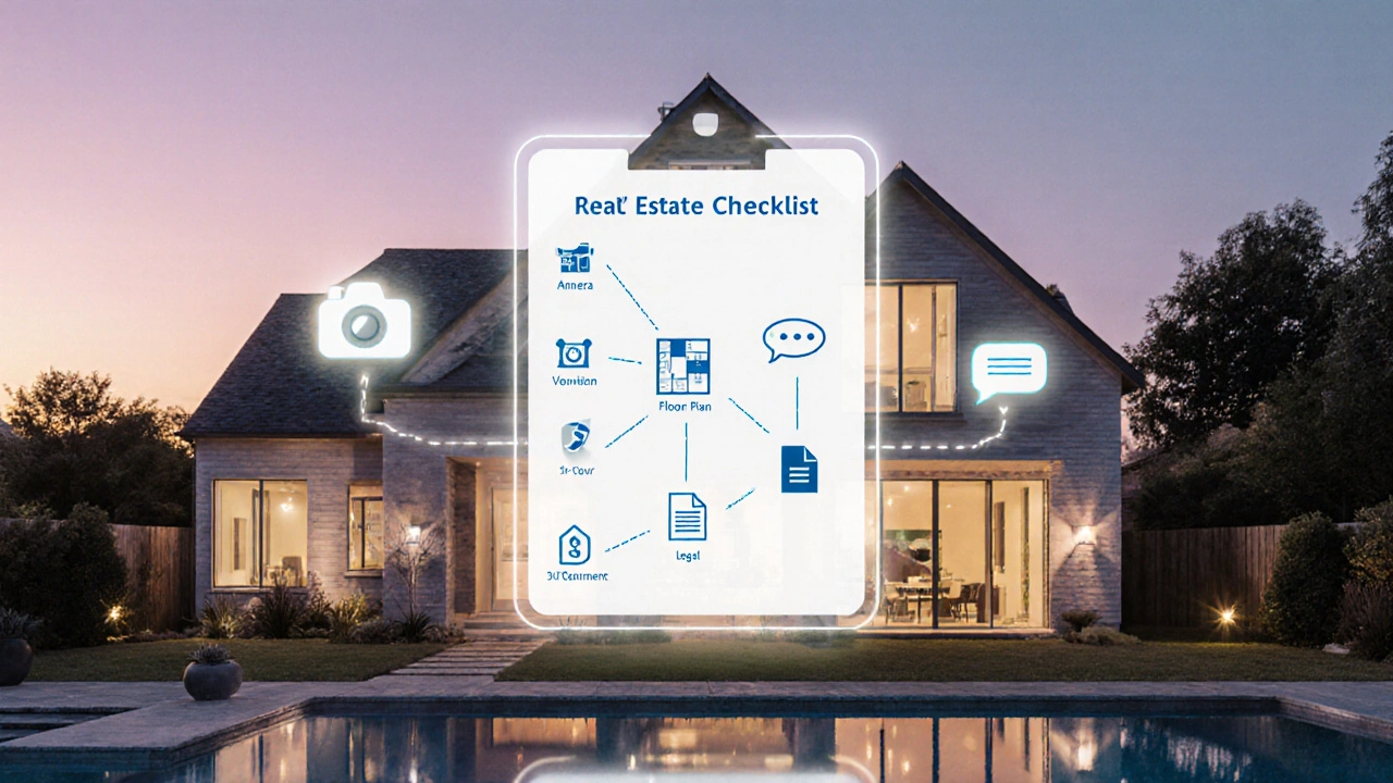 Holografische Checkliste über Haus, die Schritte für Online‑Verkauf darstellt.