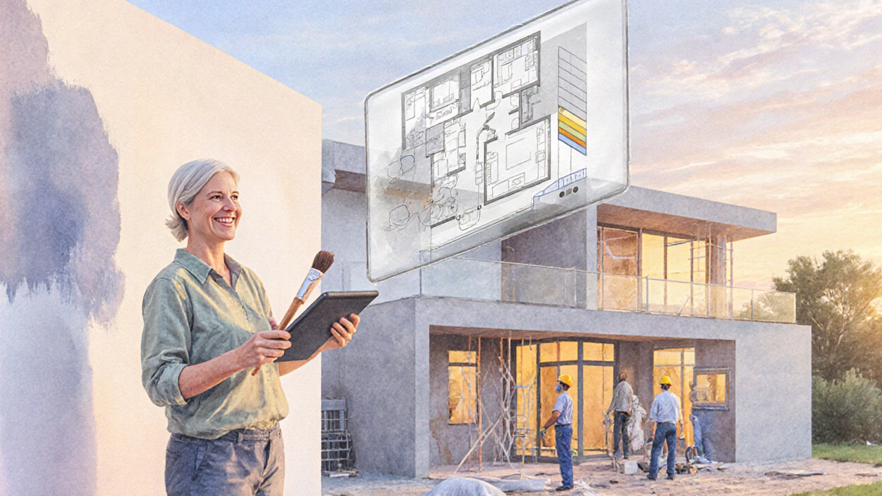 Hybrid‑Bau: Bauherr malt Innenwände, Fachleute installieren Technik, entspannt.