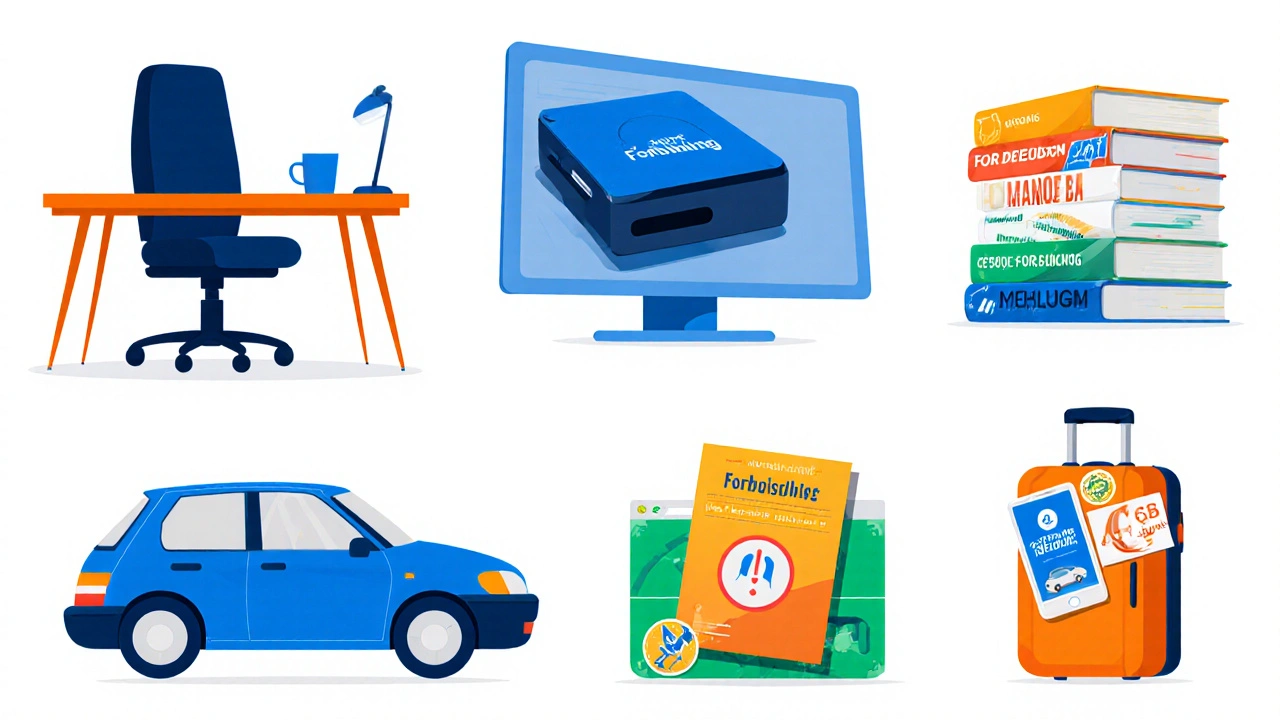 Illustration von Büro‑, IT‑, Fahrzeug‑ und Marketing‑Ausgaben in bunten Icons.
