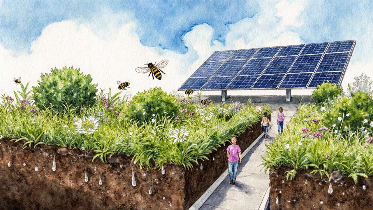 Intensiv begrüntes Dach mit Sträuchern, Blumen und Sonnenkollektoren in Hamburg.