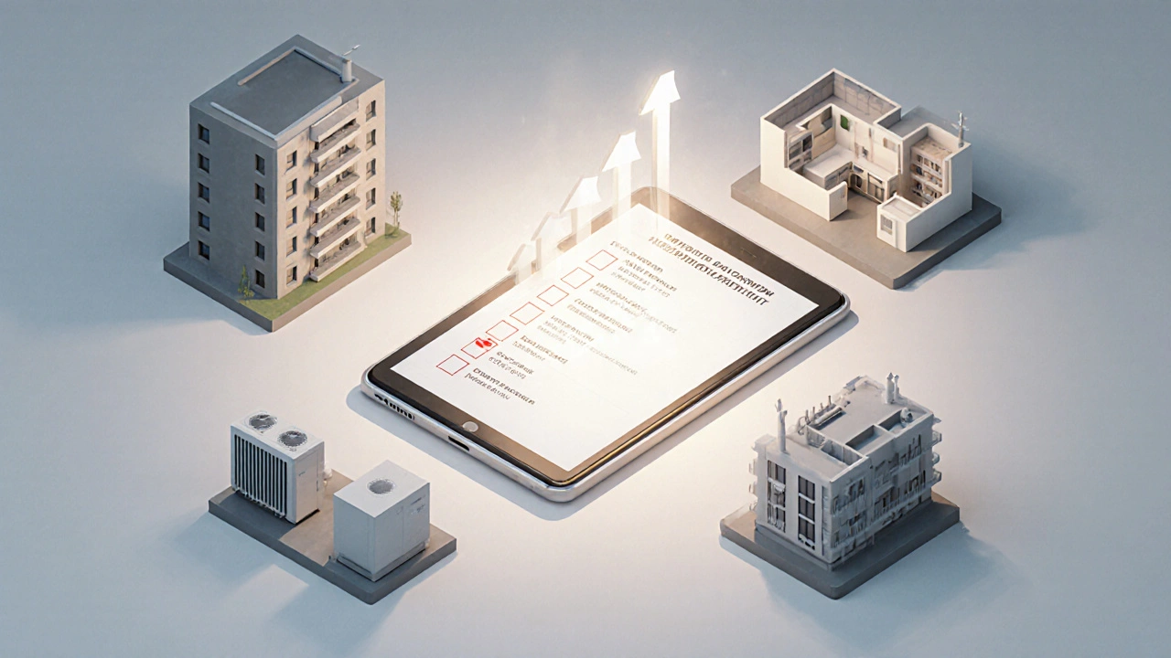 Isometric view of a tablet checklist surrounded by 3D models of a renovated apartment.