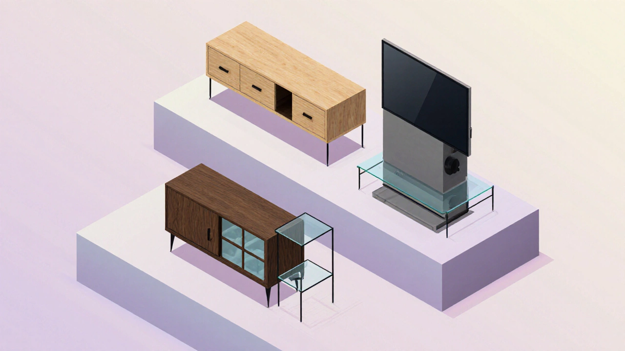 Isometrische Illustration von TV‑Tisch, Lowboard, Medienkonsole und TV‑Schrank aus verschiedenen Materialien.