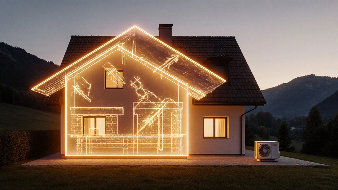 Konzeptbild eines Hauses mit energieeffizienten Upgrades als leuchtende Linien, symbolisierend Energieeinsparung.