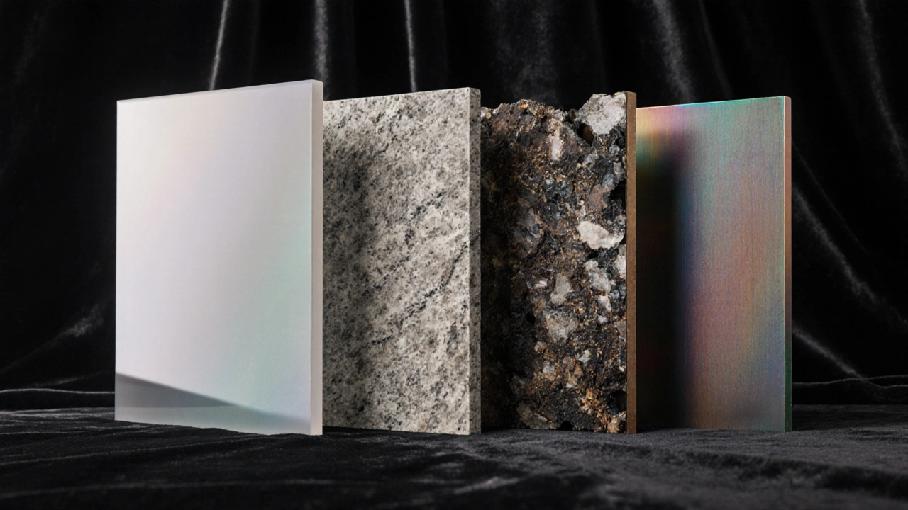 Makroaufnahme von Oberflächen von Acryl, Mineralguss, Gusseisen und eloxiertem Stahl auf dunklem Samt.