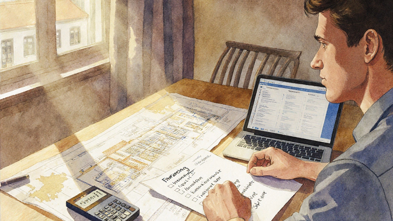 Mieter plant Finanzierung, Checkliste und Bauplan am Tisch.