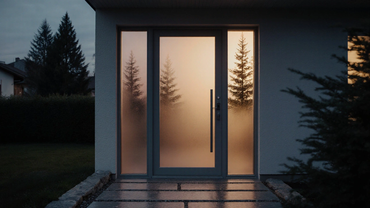 Neuer isolierter Alu‑Glas‑Haustür im Abendlicht vor modernem österreichischem Haus.