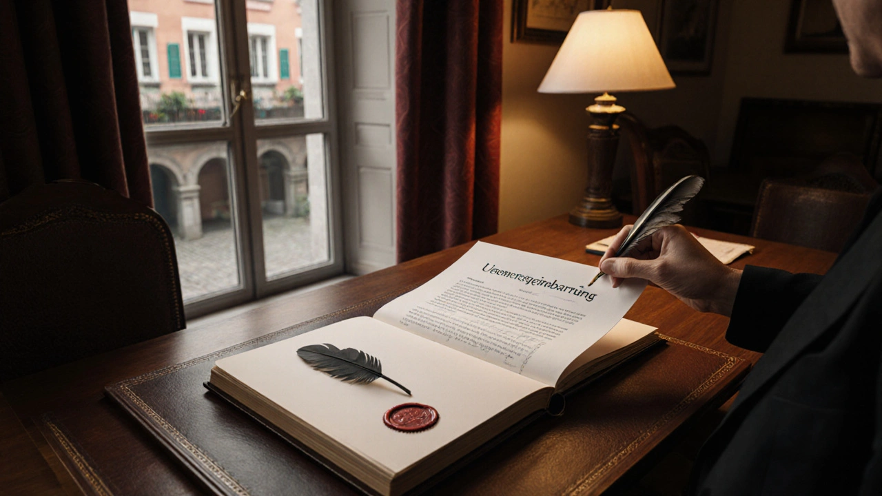 Notar legt eine beglaubigte Nutzungsvereinbarung in ein Grundbuch ein, im Hintergrund ein gemeinschaftlicher Innenhof.