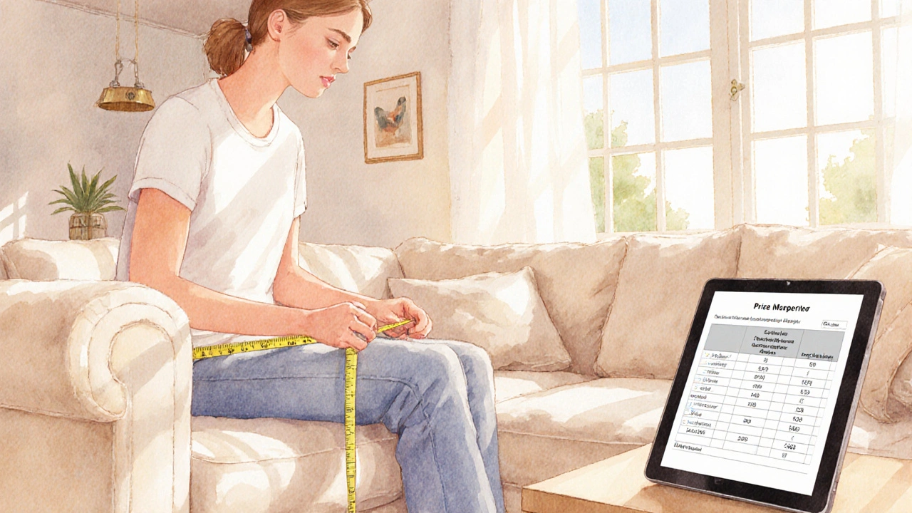 Person misst Raum, testet Sofa und vergleicht Preise online.