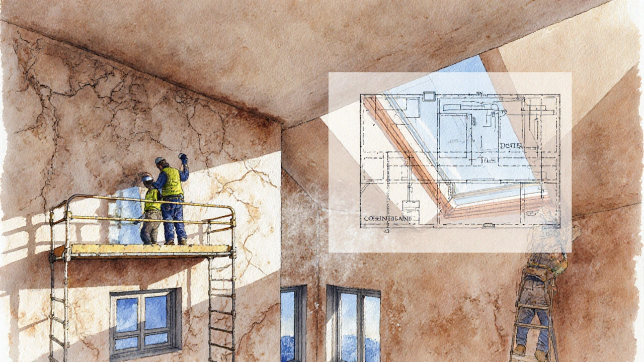 Renovation site showing workers replacing plaster, windows, and adding insulation.
