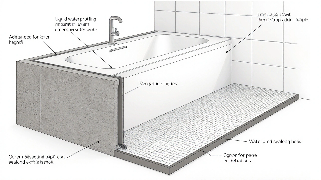 Schnittansicht eines feuchtigkeitssicheren Badezimmeraufbaus mit Abdichtung, Verstärkungen und Rohrdurchführungen.