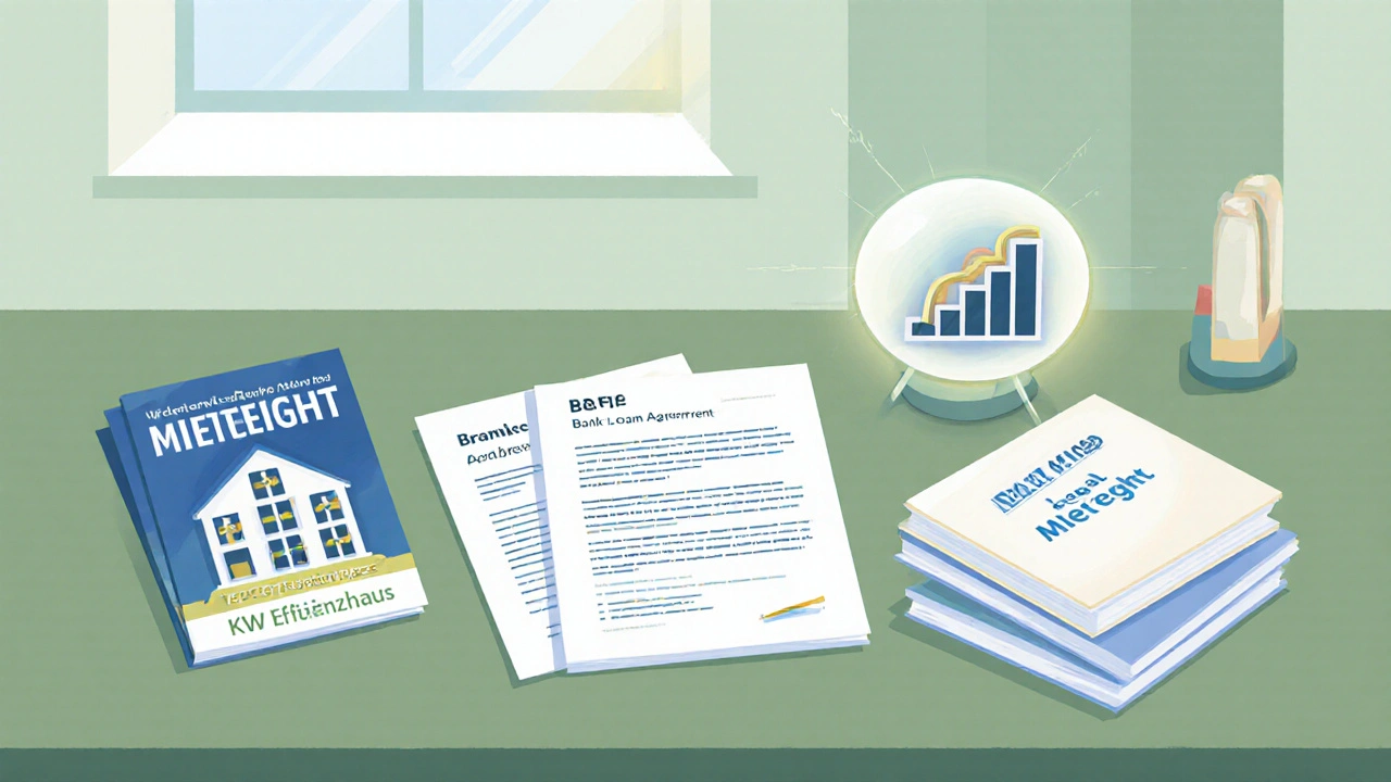 Schreibtisch mit KfW‑Unterlagen, Kreditvertrag und Bau‑Rechner.