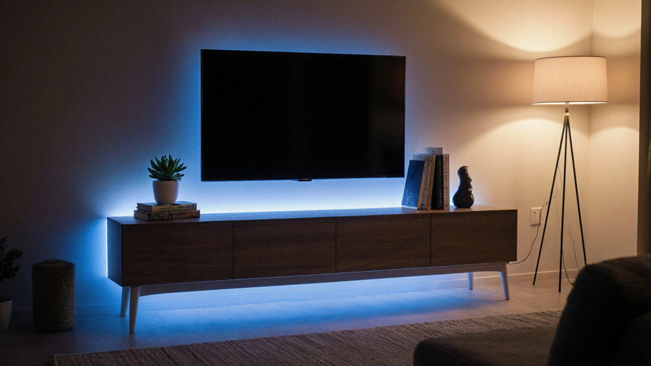 Stimmungsvolles Bild eines TV‑Lowboards mit blauem LED‑Licht, Pflanzen und Büchern, gemütliche Beleuchtung.