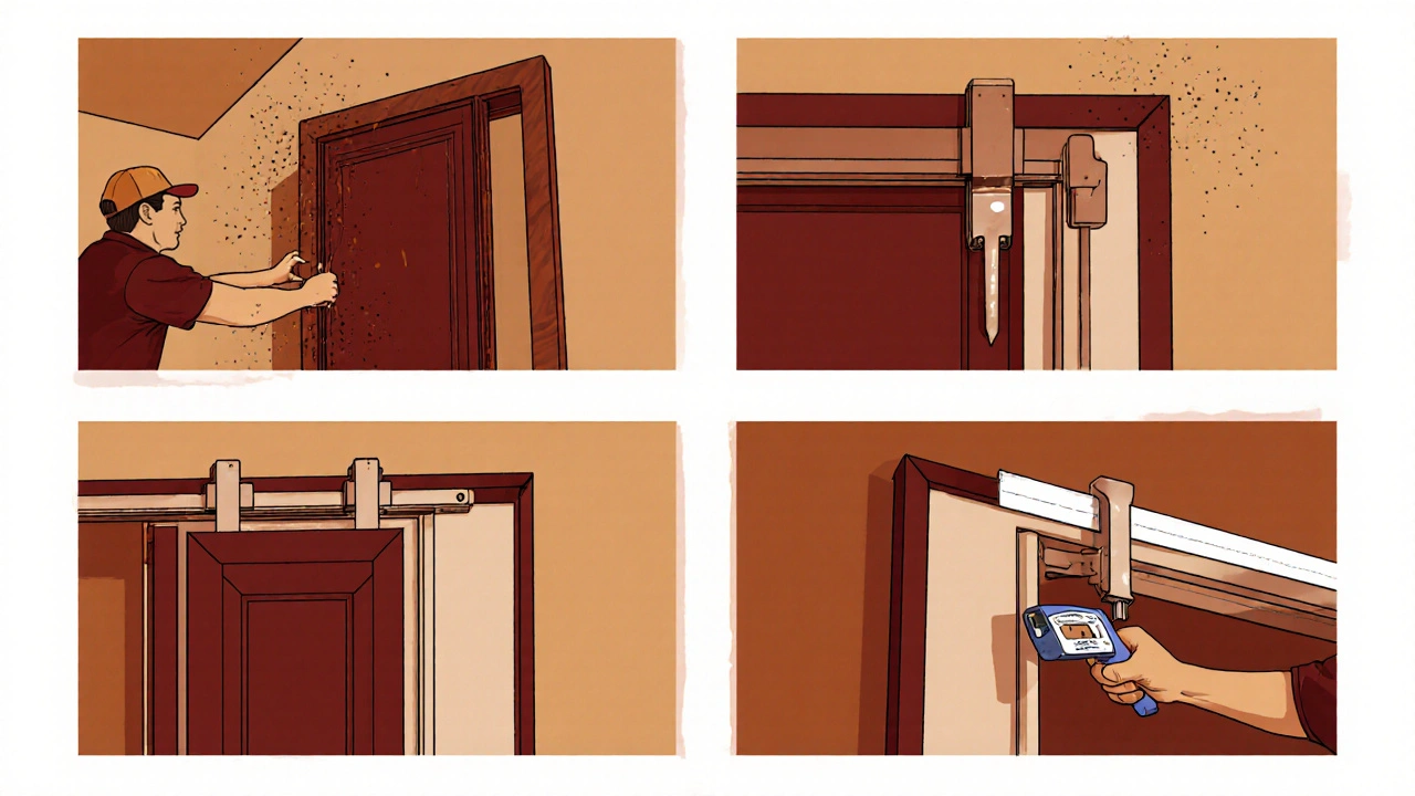 Storyboard zeigt Alt‑Tür entfernen, Rahmen prüfen, neue Stahltür einbauen, Dichtung prüfen.