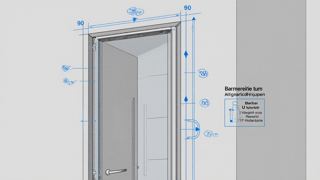 Technische Zeichnung einer barrierefreien Tür mit Maßen für Breite, Höhe und Griffhöhe.