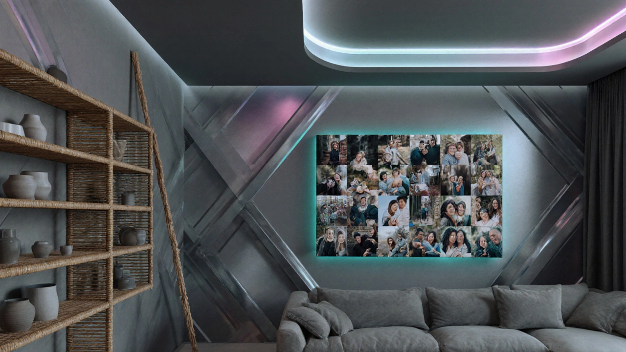 Trendiges Zimmer 2025 mit Rattan‑Regal, 3‑D‑Wandtattoo, Smart‑Licht und personalisierter Fotocollage.