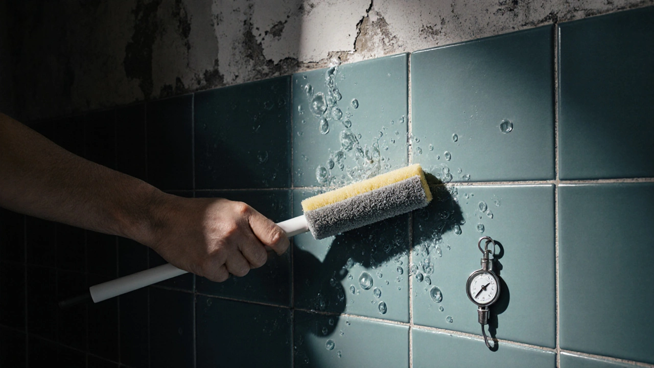 Tropfendes Wasser an einer Wand hinter Fliesen, sichtbar durch einen abgewischten Schwamm, Zeichen von Feuchteschaden.