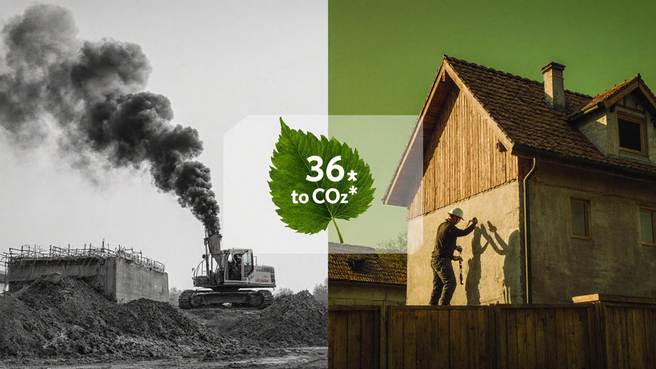Vergleich: Neubau mit hohen CO₂-Emissionen links, Sanierung mit niedrigen Emissionen rechts, verbunden durch ein Blatt.