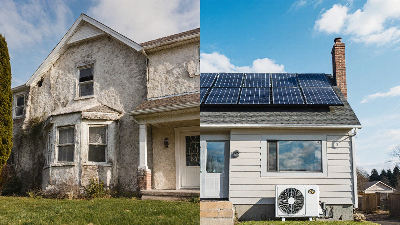 Vergleich: veraltete Hausfassade links, modernisierte Hausfassade rechts mit Dämmung und Wärmepumpe.