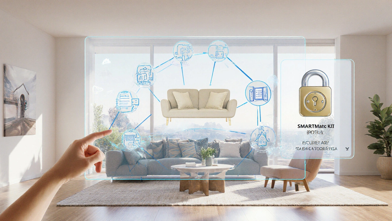 Virtueller Wohnungsrundgang mit AR‑Möbel und KI‑Matchmaking‑Anzeige.