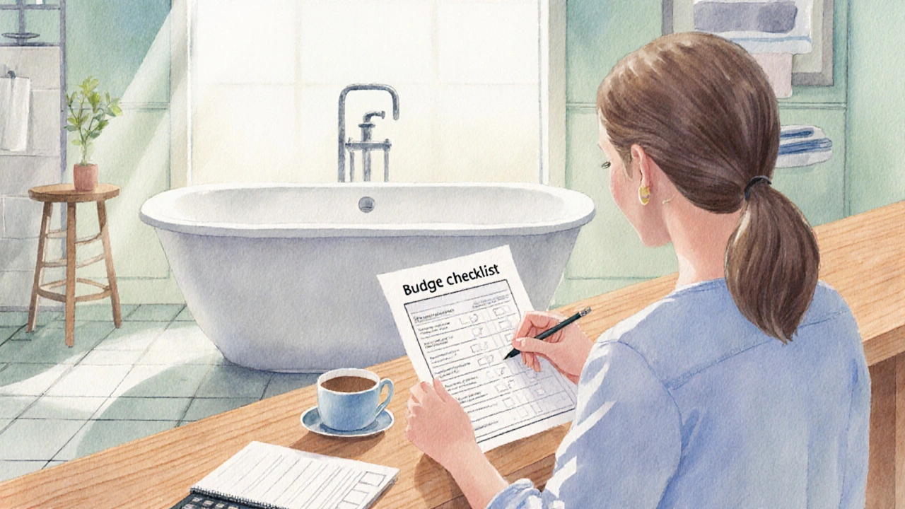 Wasserfarbenillustration einer Person, die in einem Badekurven‑Showroom ein Budget plant.