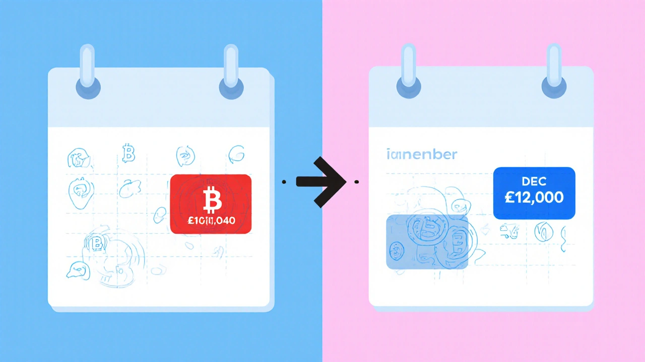Zeitstrahl zeigt Bitcoin‑Kauf im Januar und Verkauf im Dezember, verdeutlicht steuerpflichtige Haltefrist.