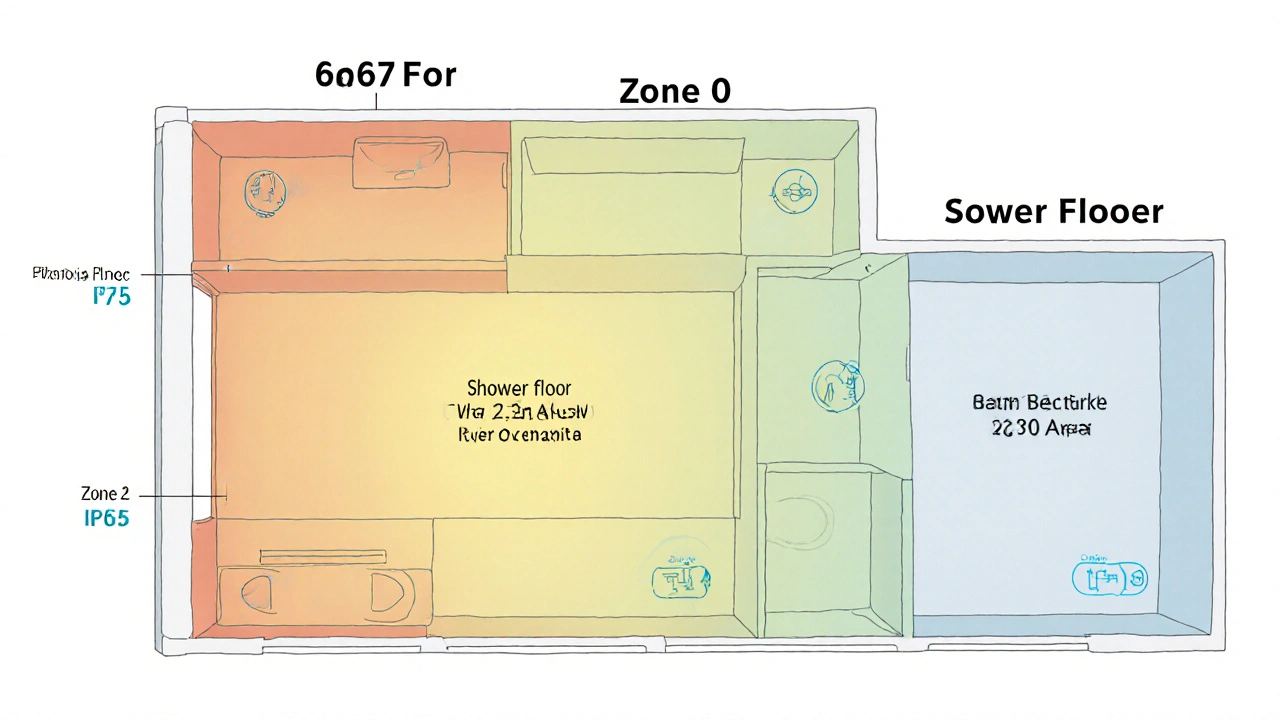 Badezimmer mit vier farblich gekennzeichneten Schutzzonen nach DIN-Norm, ohne Text.