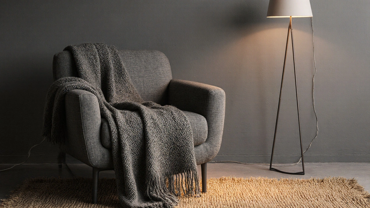 Detaillierte Texturkombination: glatte Wand, gewebte Decke und raue Teppichoberfläche in warmem Grau.