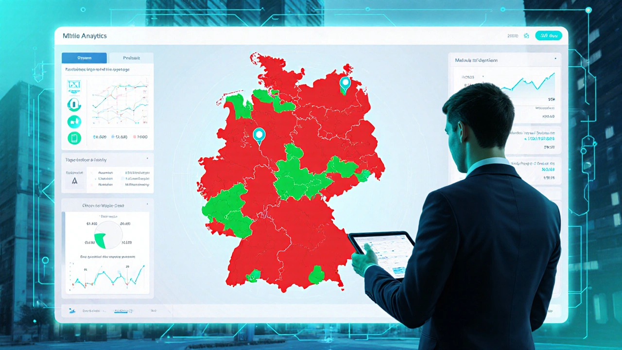 Digitaler Dashboard-Überblick mit Risikokarten und KI-Warnungen für Leerstand in deutschen Regionen.