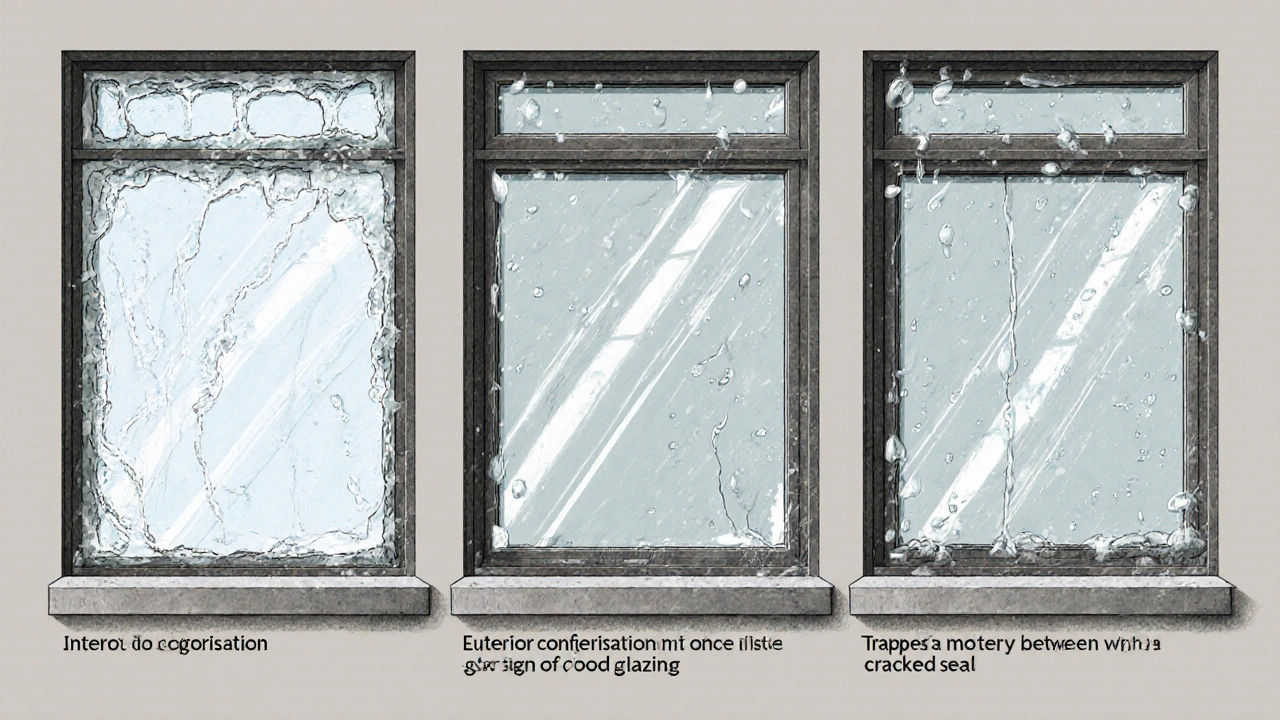 Drei Fensterkonstruktionen im Querschnitt: Innenschlag, Außenschlag und beschlagene Zwischenschicht.