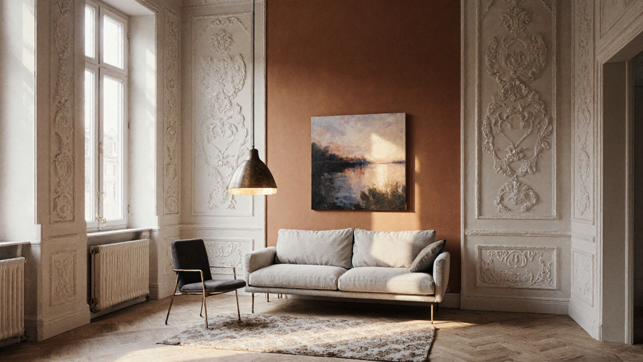 Ein Altbau-Wohnzimmer mit Akzentwand in Terrakotta, vintage Hängelampe und zartem Stuck, harmonisch beleuchtet und ruhig eingerichtet.