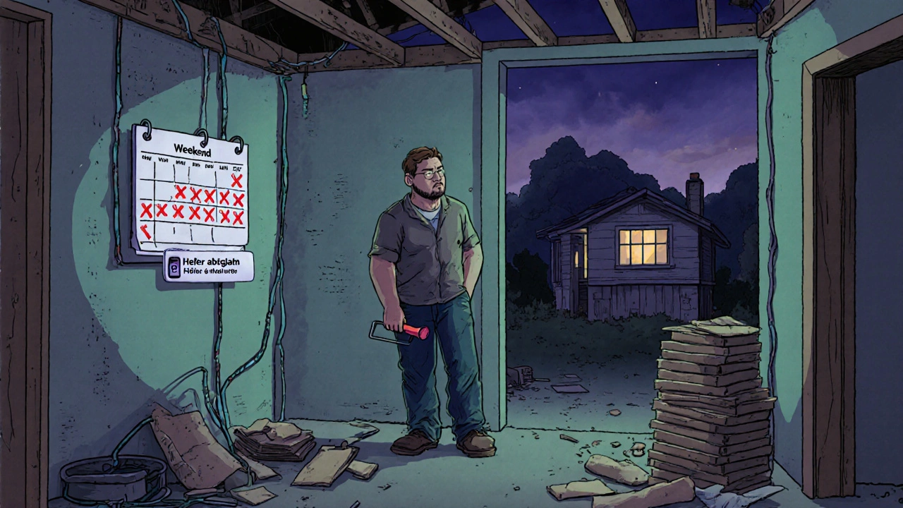Ein Bauherr steht allein auf der Baustelle bei Dämmerung, umgeben von unvollendeten Arbeiten und einer abgehackten Helfer-Zusage.