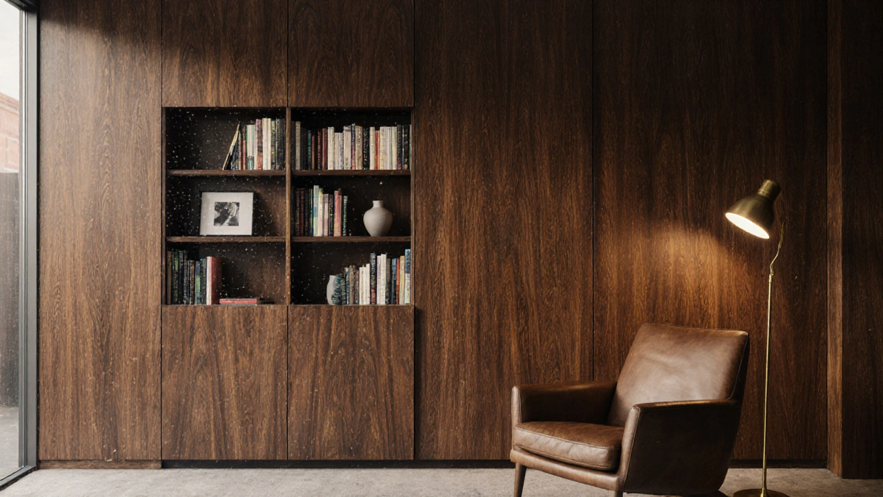 Ein dunkelholzernes Mid-Century Bücherregal mit halb verdeckten Büchern und einer Leseleuchte im Hintergrund.