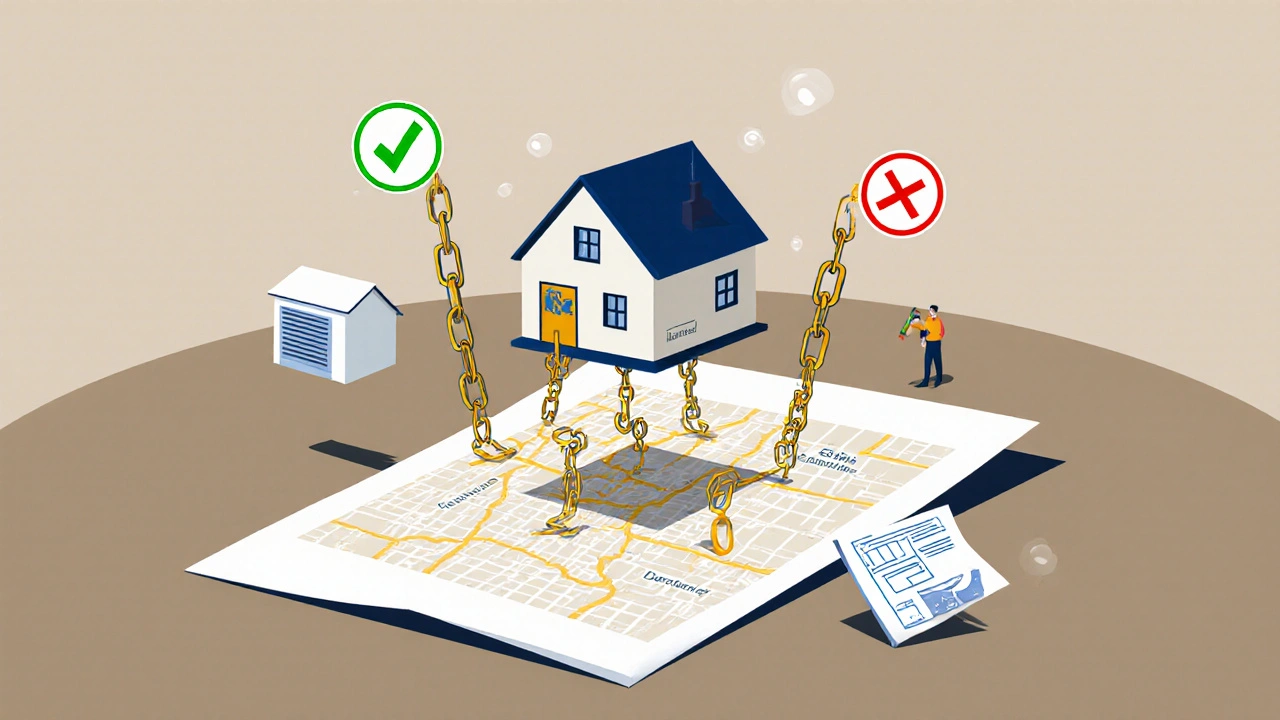 Ein Haus wächst aus einem rechtlichen Plan, während verbote und zulassungen als Symbole umgeben sind.