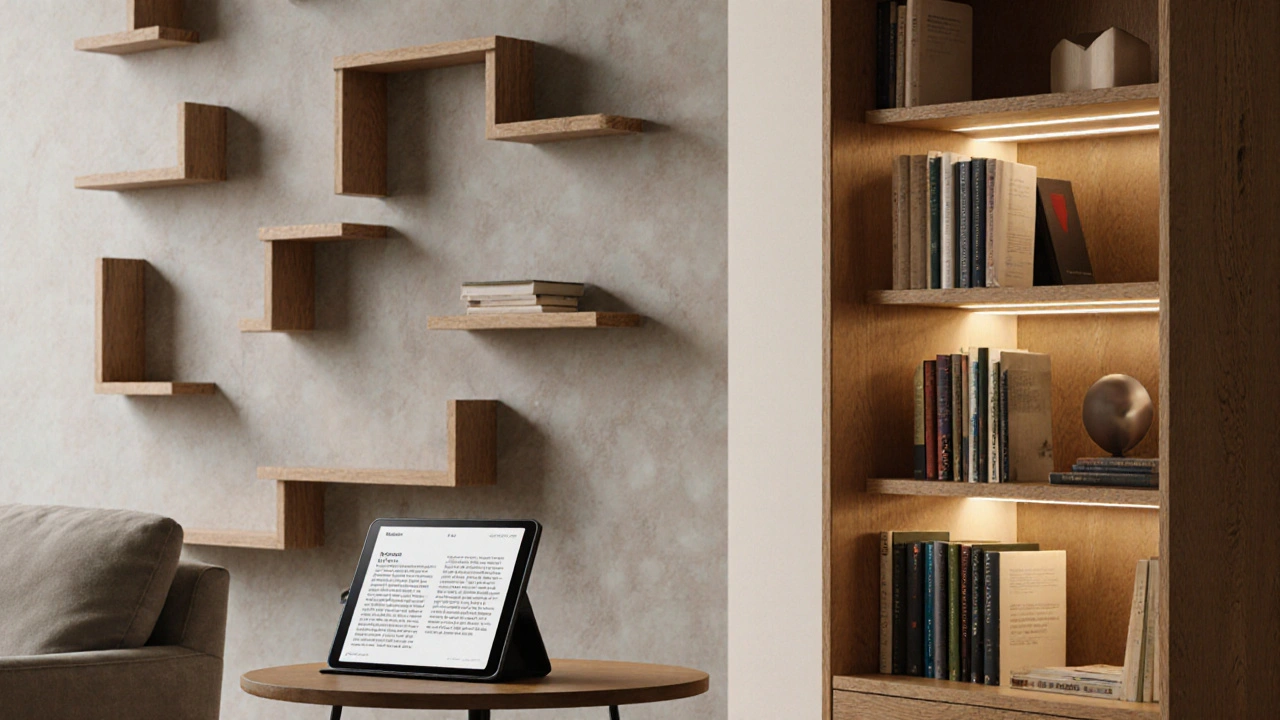 Ein Hybrid-Wohnzimmer mit realistischer Buchregal-Tapete neben einem echten Regal und einem E-Book-Tablet.