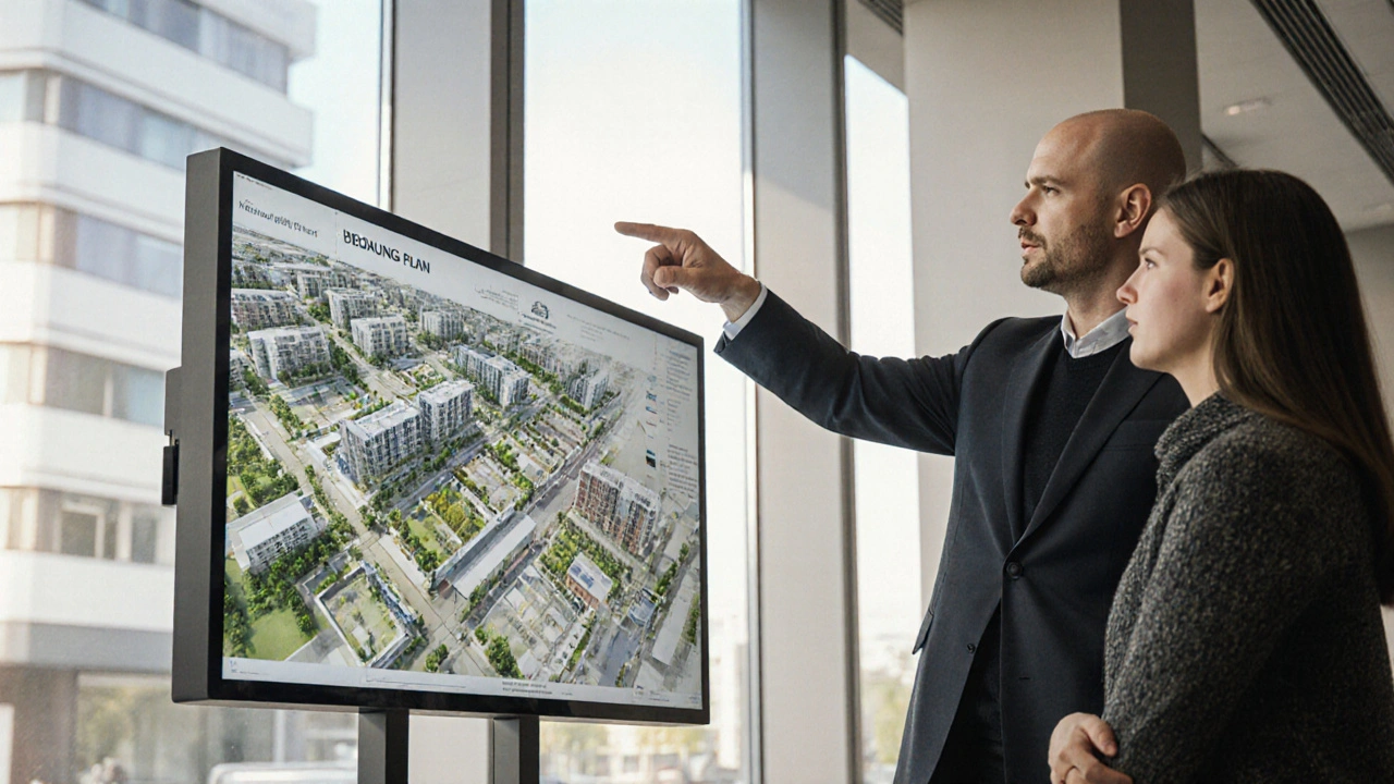 Ein Planer zeigt einer Familie eine 3D-Darstellung eines Bebauungsplans auf einem Bildschirm im Rathaus.