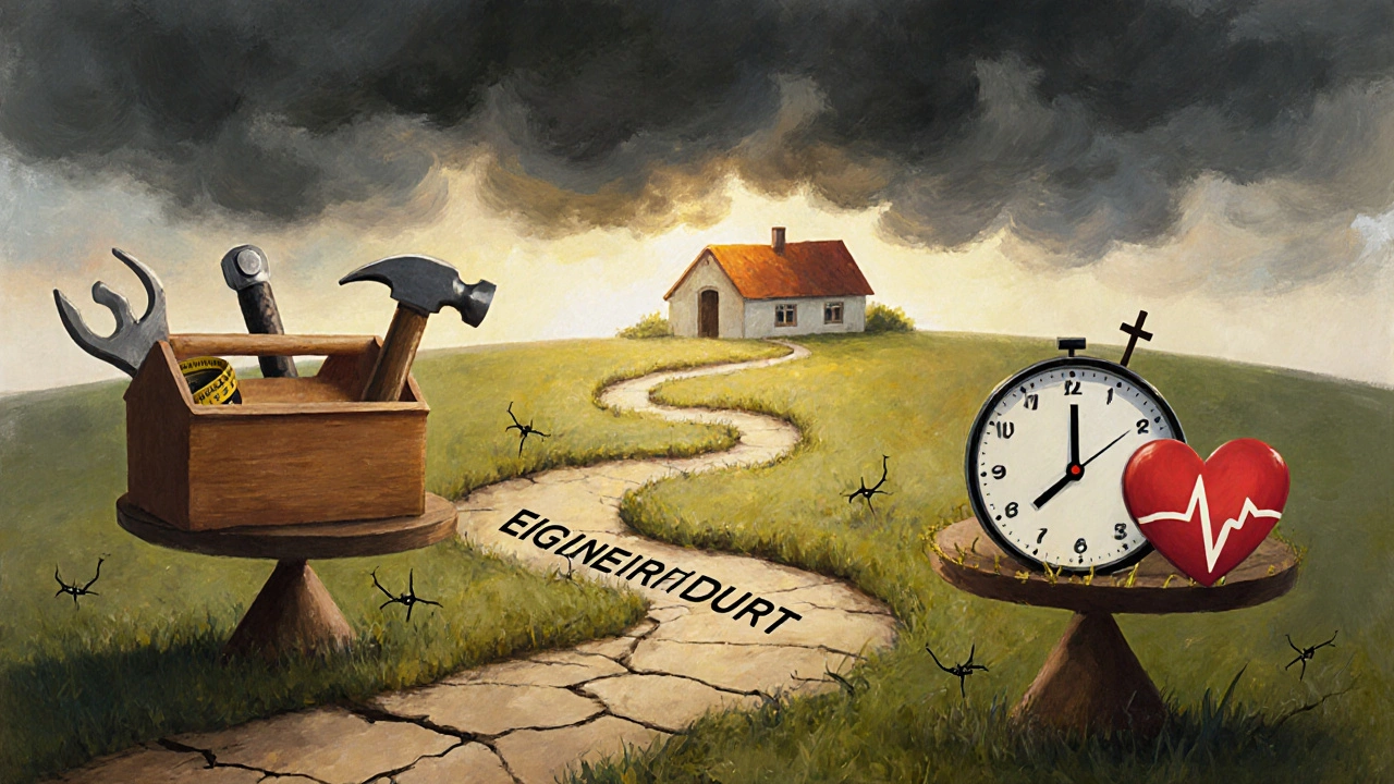 Eine symbolische Waage zeigt Werkzeuge gegenüber Herz, Uhr und Krankenhauszeichen, mit einem beschwerlichen Pfad zu einem Haus.