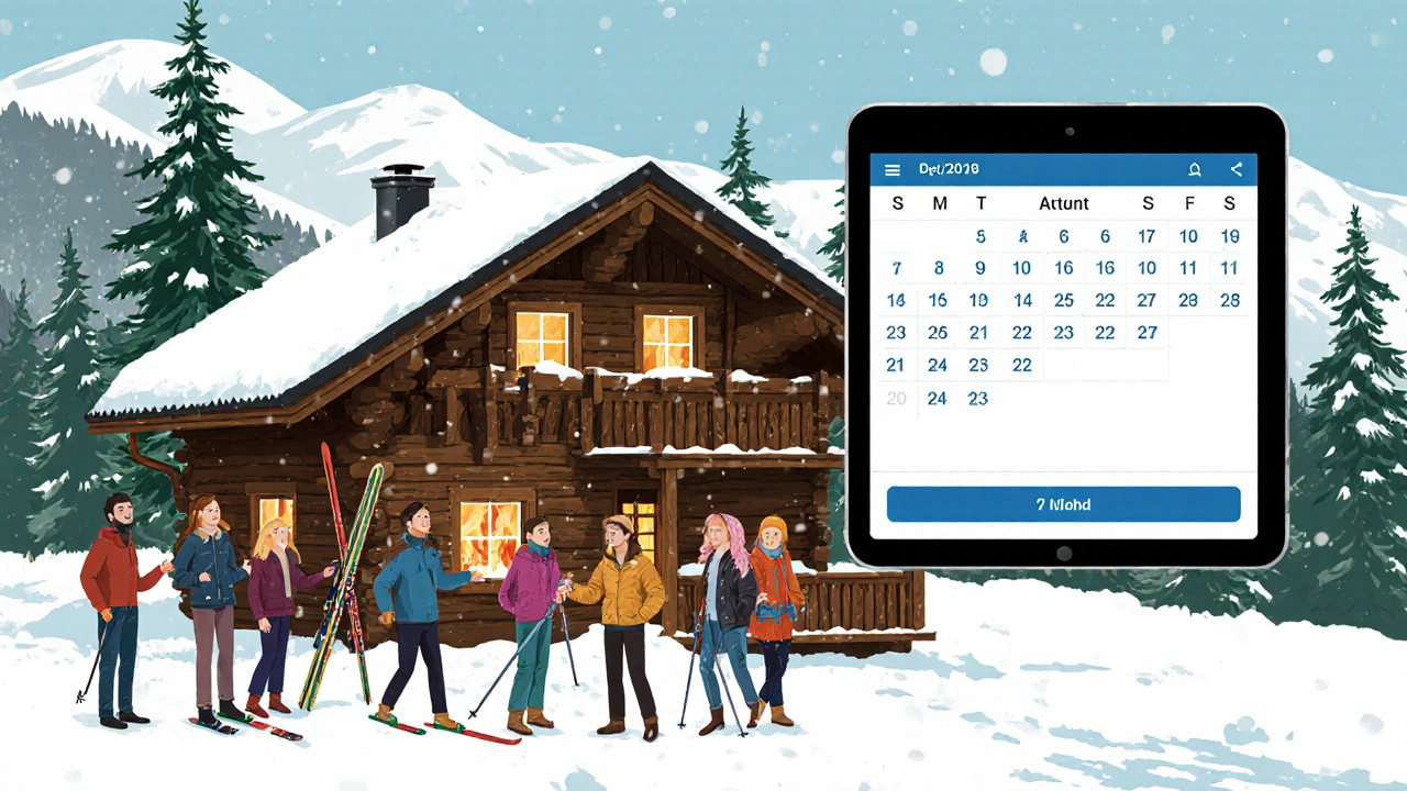 Familie genießt einen Winterurlaub in einem holzverkleideten Chalet im Harz mit Schnee und Feuer im Kamin.