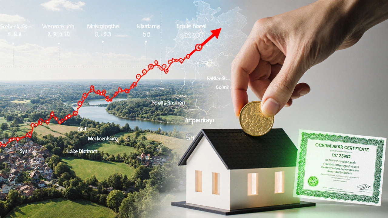 Finanzgraph über deutscher Landschaft zeigt steigende Renditen in der Eifel und Mecklenburg, nicht auf Sylt.