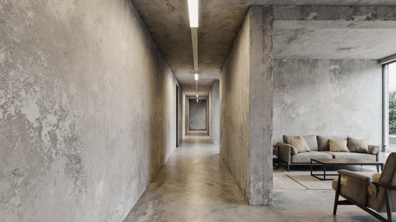 Flur mit kalkzementputzter Wand, sichtbare Abnutzungsspuren von Möbeln und Fußverkehr.