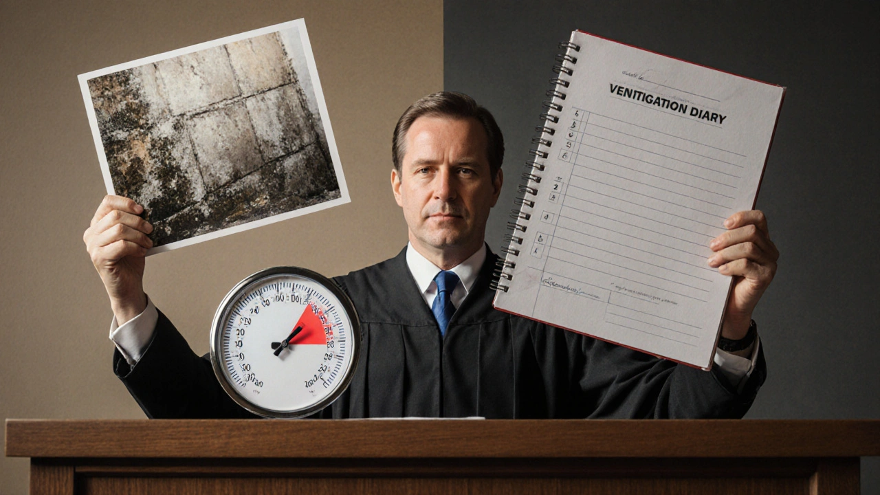 Gerichtsszene mit Schimmelfoto, Hygrometer und Lüftungstagebuch als zentrale Beweise.