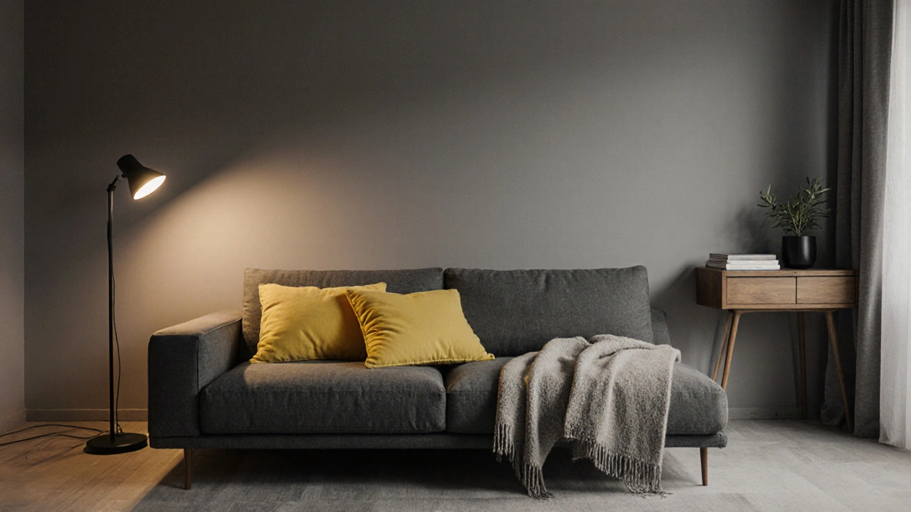 Graues Wohnzimmer bei Dämmerung mit saisonalen Akzenten und dreifacher Beleuchtung für Ruhe.