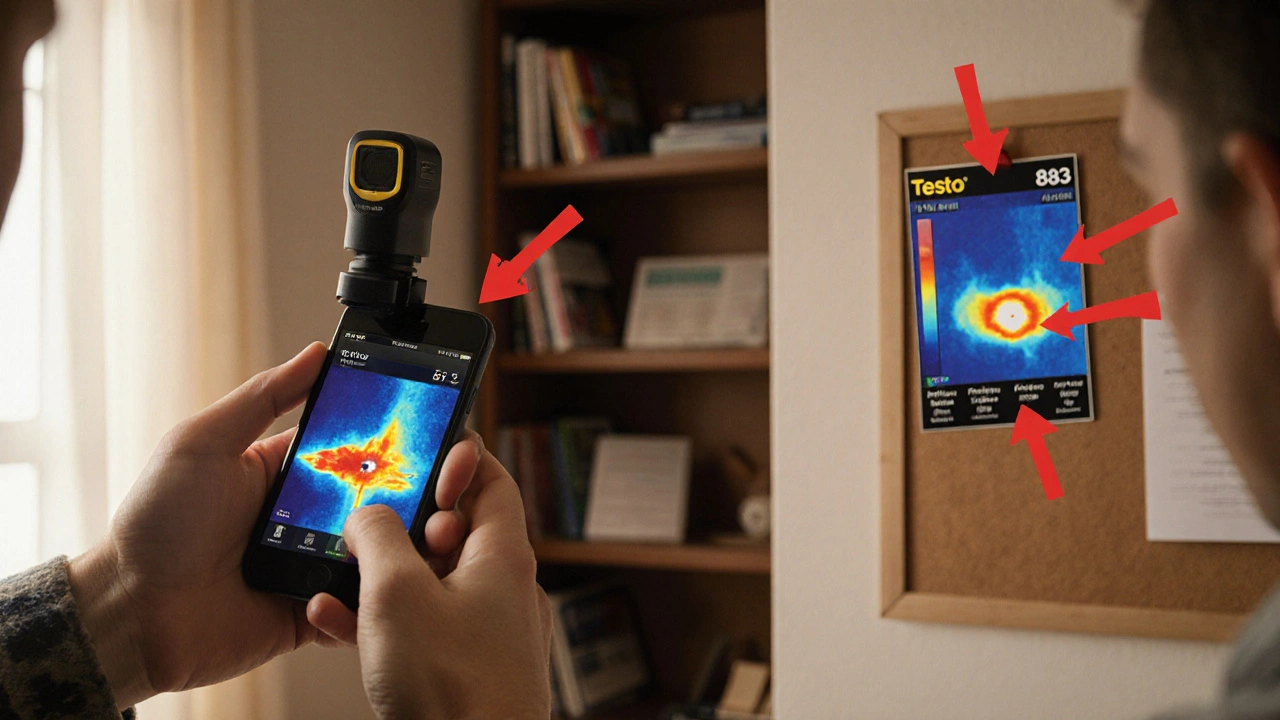 Hausbesitzer betrachtet Wärmebild auf Smartphone, daneben professionelles Thermogramm mit Markierungen an der Wand.
